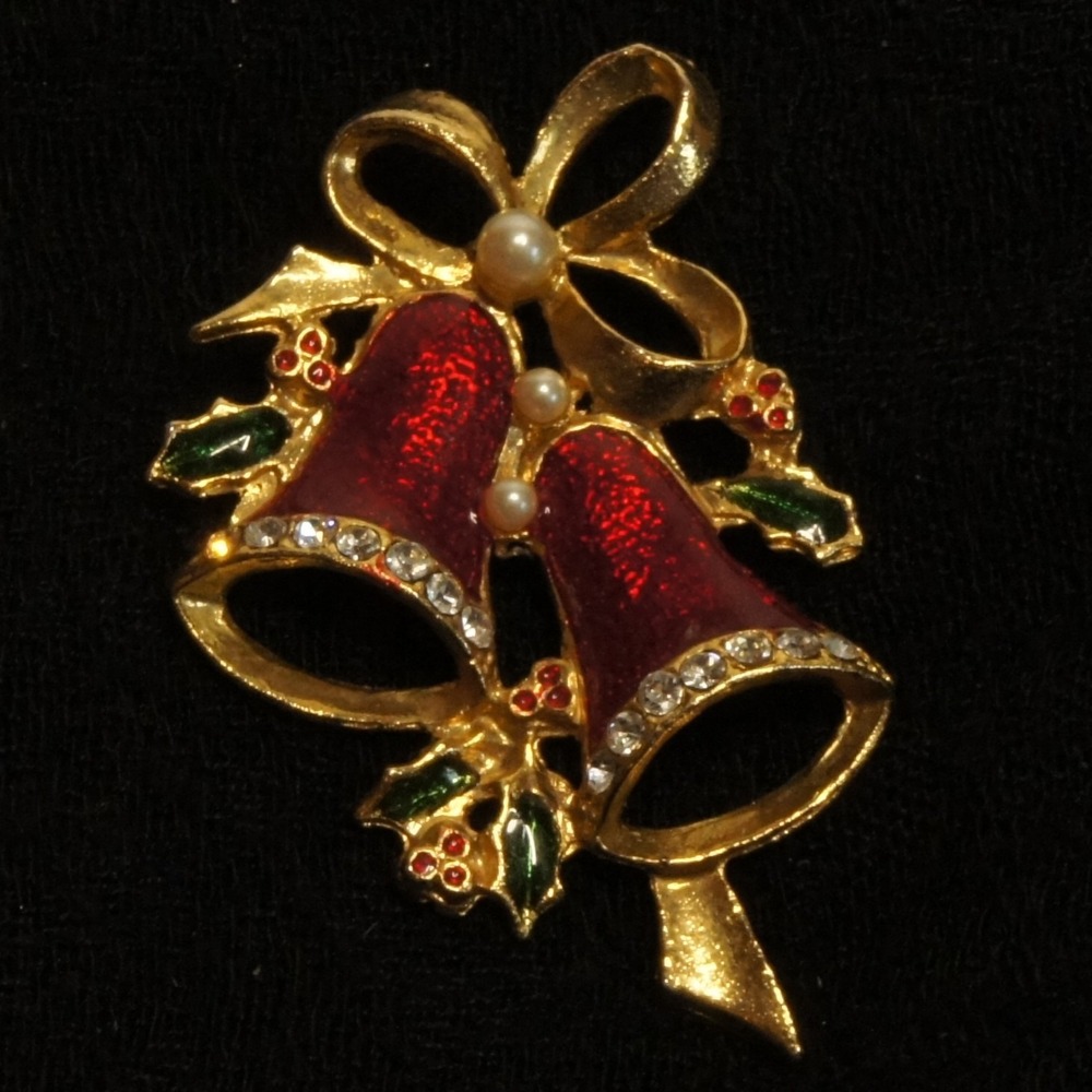 Vintage‎ Christmas Bells Brooch Red Glitter Rhinestone Pearl Gold Tone Pin